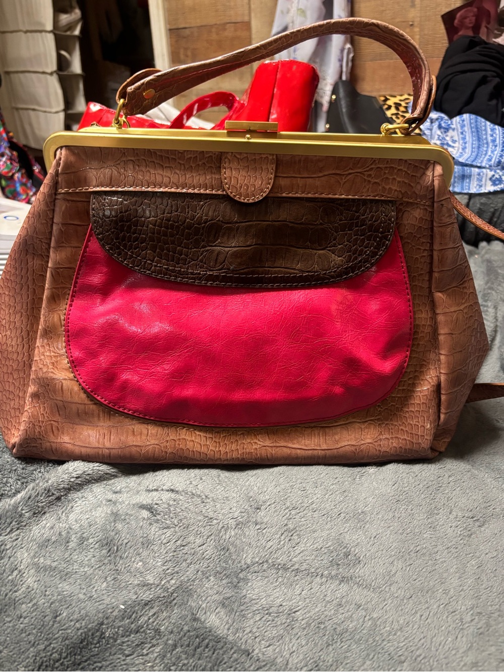 Apt. 9 Brown Faux-Croc Satchel with Bright Pink Front Pocket